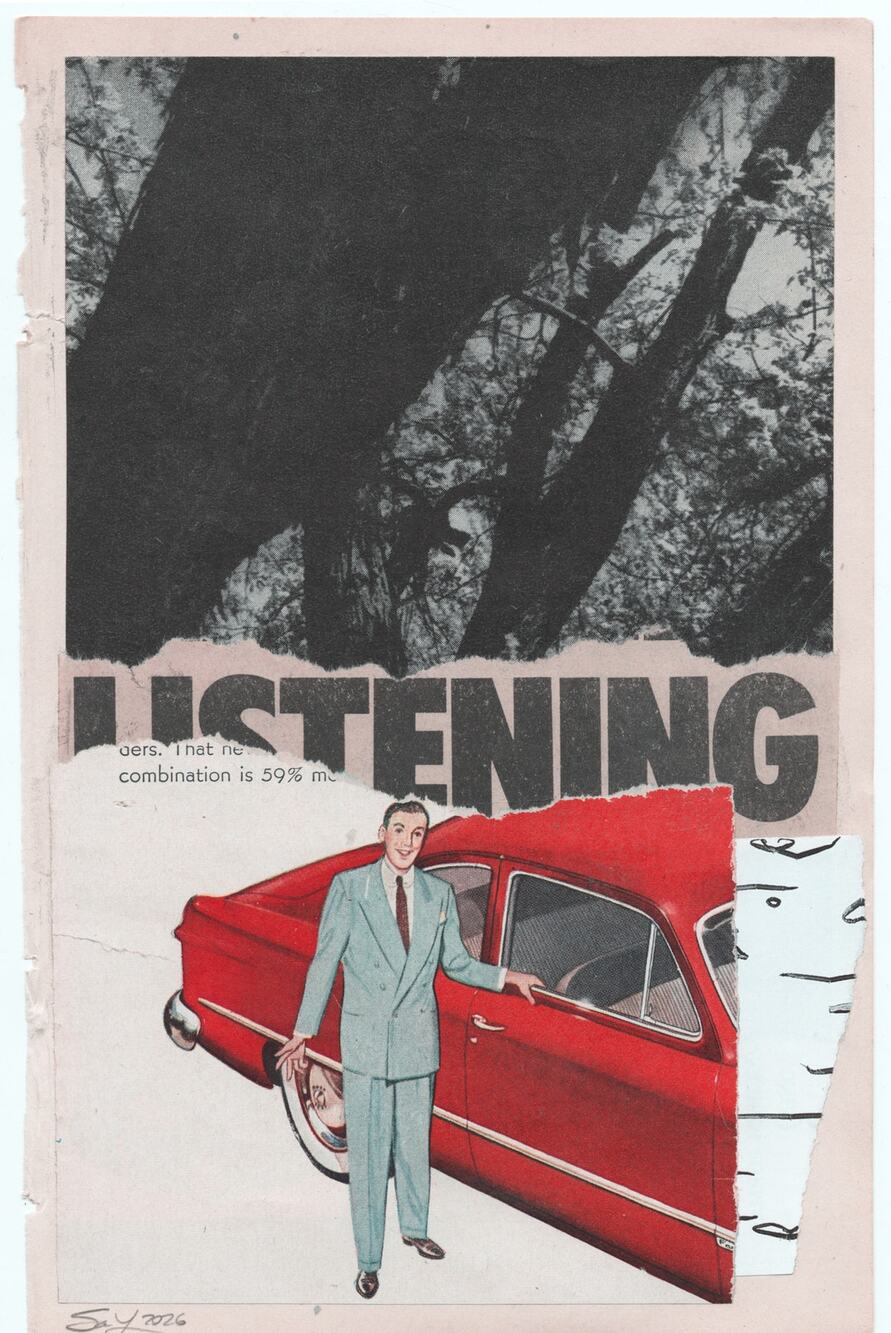 Original Mixed Media Modern Art Collage "Listening" 5.75x9" Signed